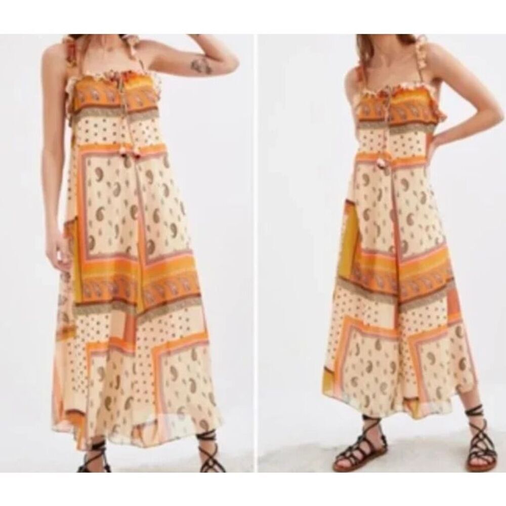 Zara women’s paisley patchwork spaghetti strap ruffle BoHo midi dress size XS